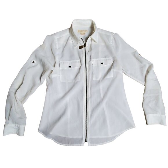 Michael Kors Womens White Long Sleeve Silver Zipper Shirt Top Size P/S - Picture 1 of 9